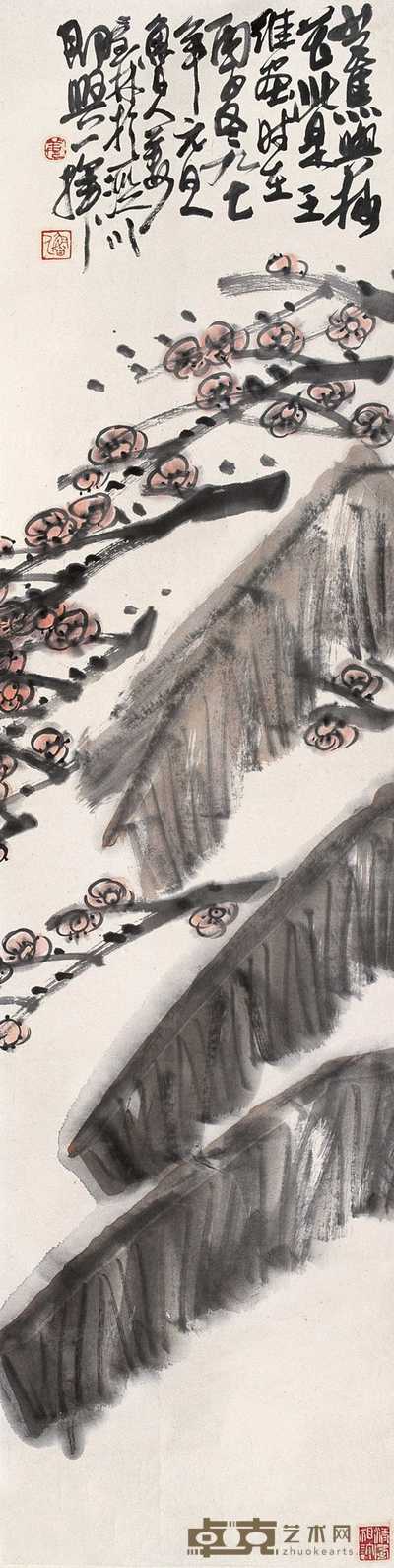 姜宝林 梅花芭蕉 镜心 179×45cm